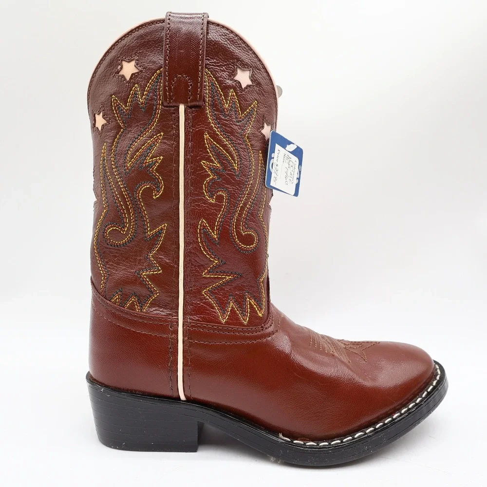 Acme Western Boots Childs 1 D Brown Star Inlay Leather New In Box Vintage Style